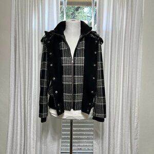 New York & Company Plaid Hooded Jacket Black White M Snap Zip Wool Blend